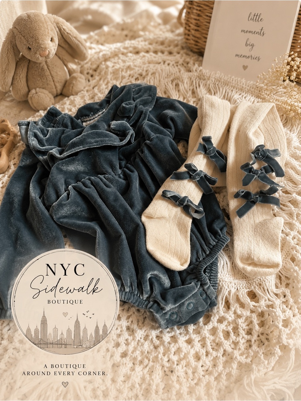 Nicole Miller Velvet Baby Romper in Slate Gray-Blue